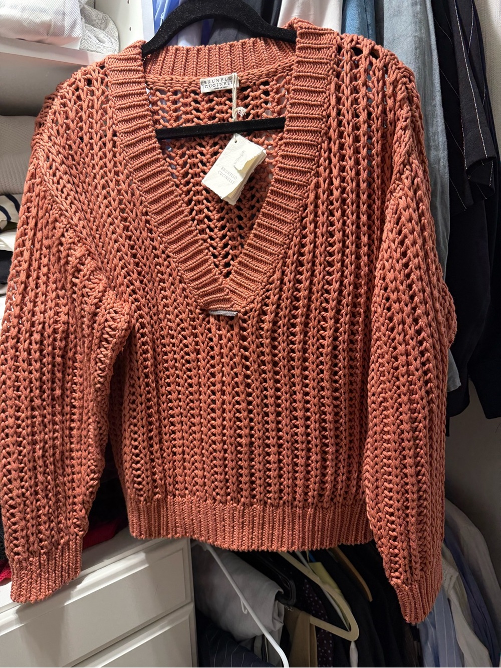 Brunello Cucinelli Brick Open-Knit V-Neck crochet Sweater Sz S oversized NWT
